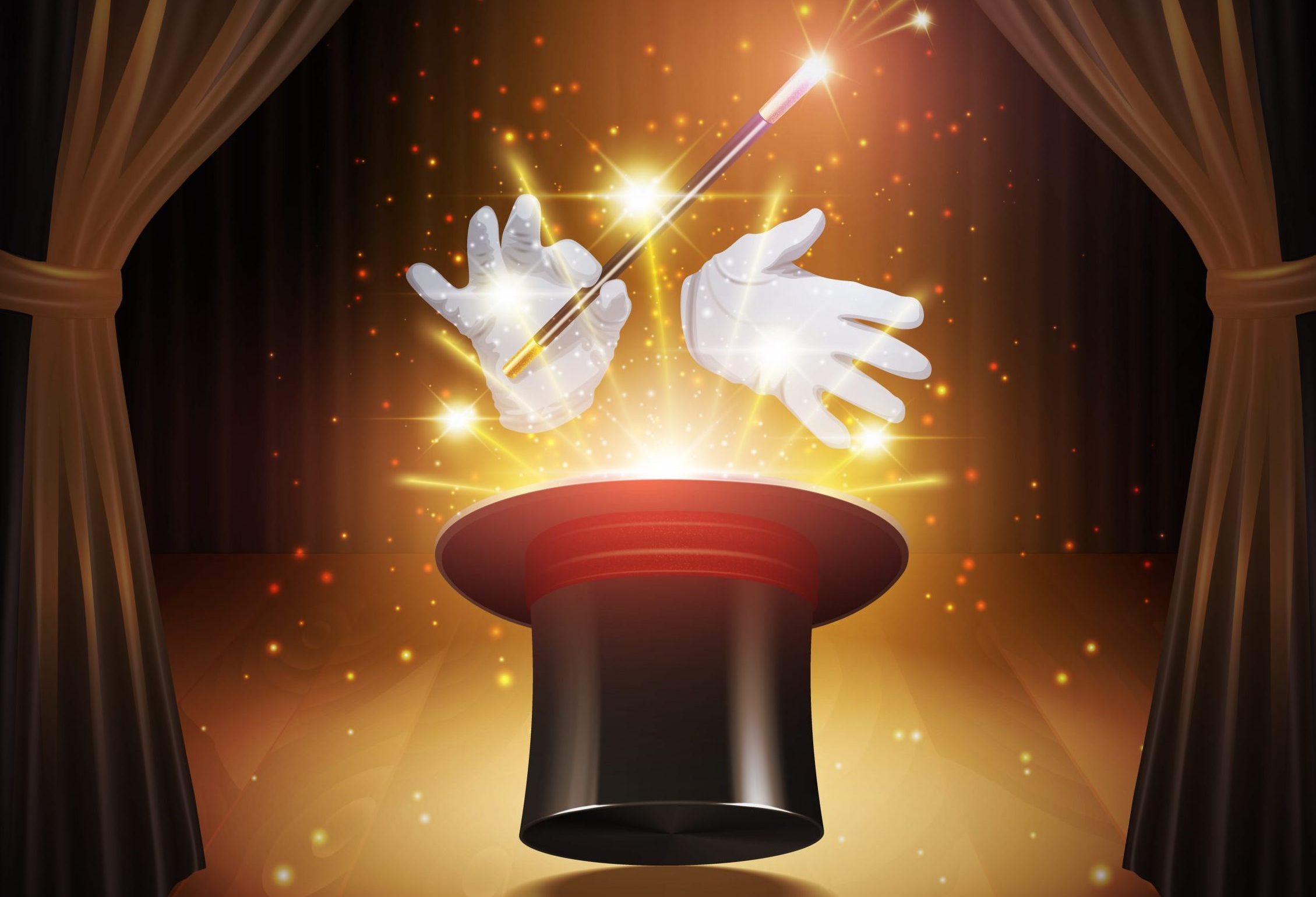 Magic trick poster with realistic magician cylinder gloves and stick with curtains on background vector illustration